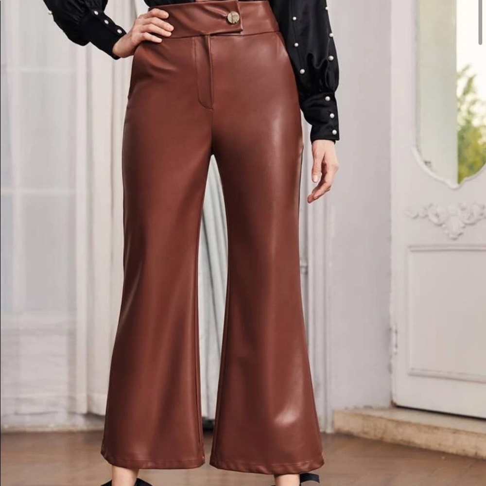 Zipper fly button waist flare leg faux leather trousers